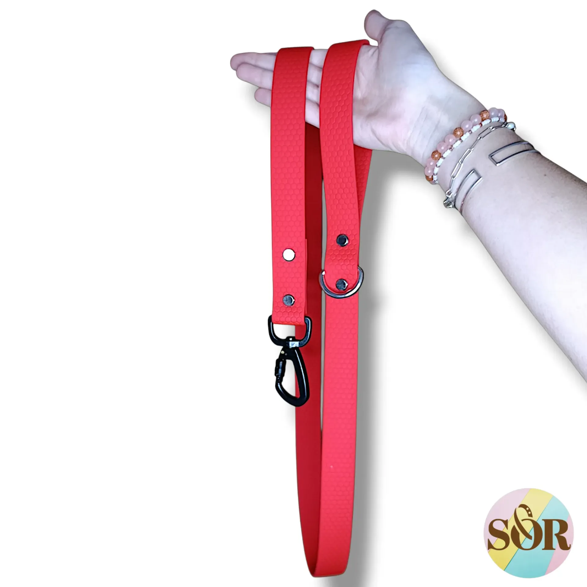 Laisse en Hexa rouge avec mousqueton de sécurité (idéale pour chien qui tire et/ou réactif) - Largeur 25mm