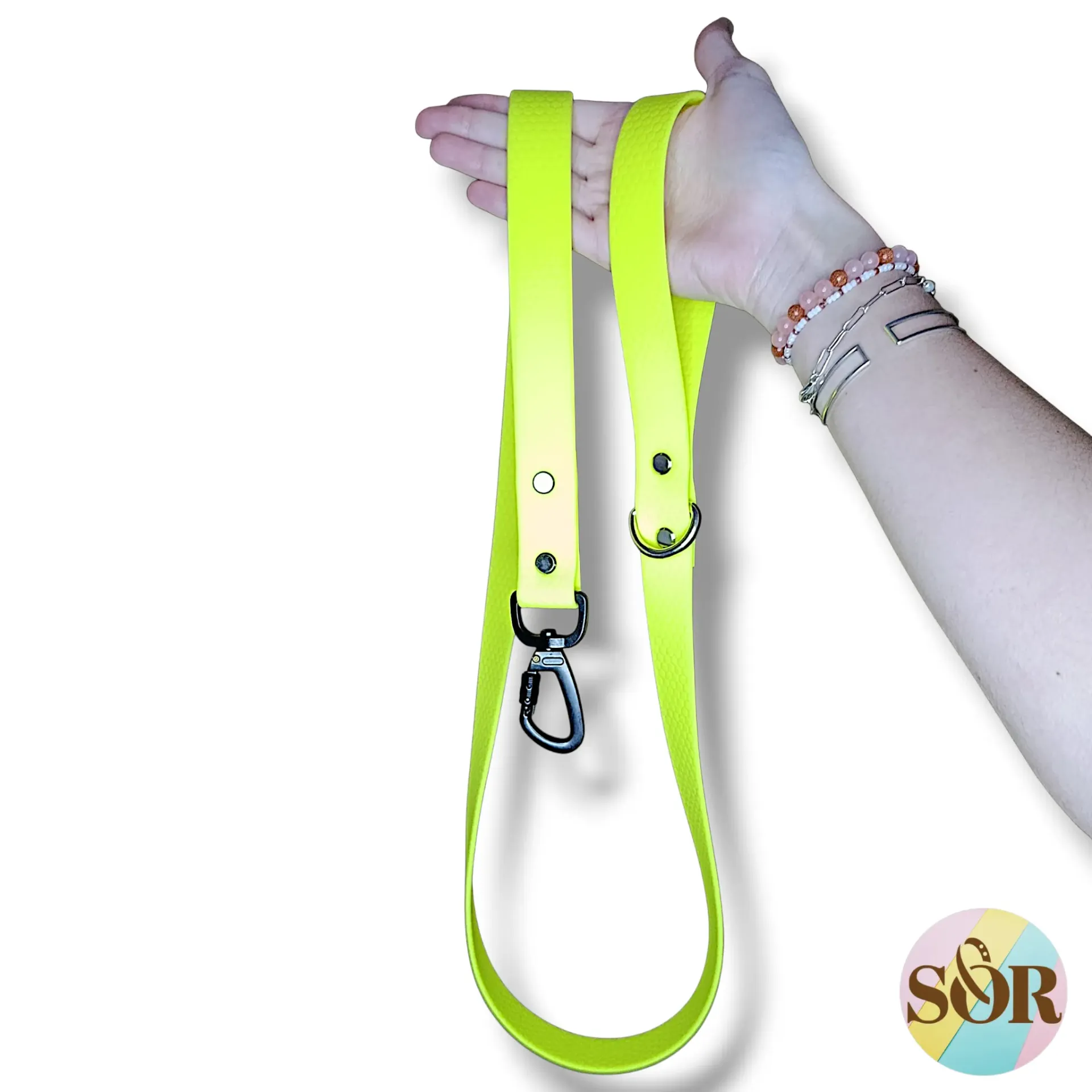 Laisse en Hexa jaune néon avec mousqueton de sécurité (idéale pour chien qui tire et/ou réactif) - Largeur 25mm
