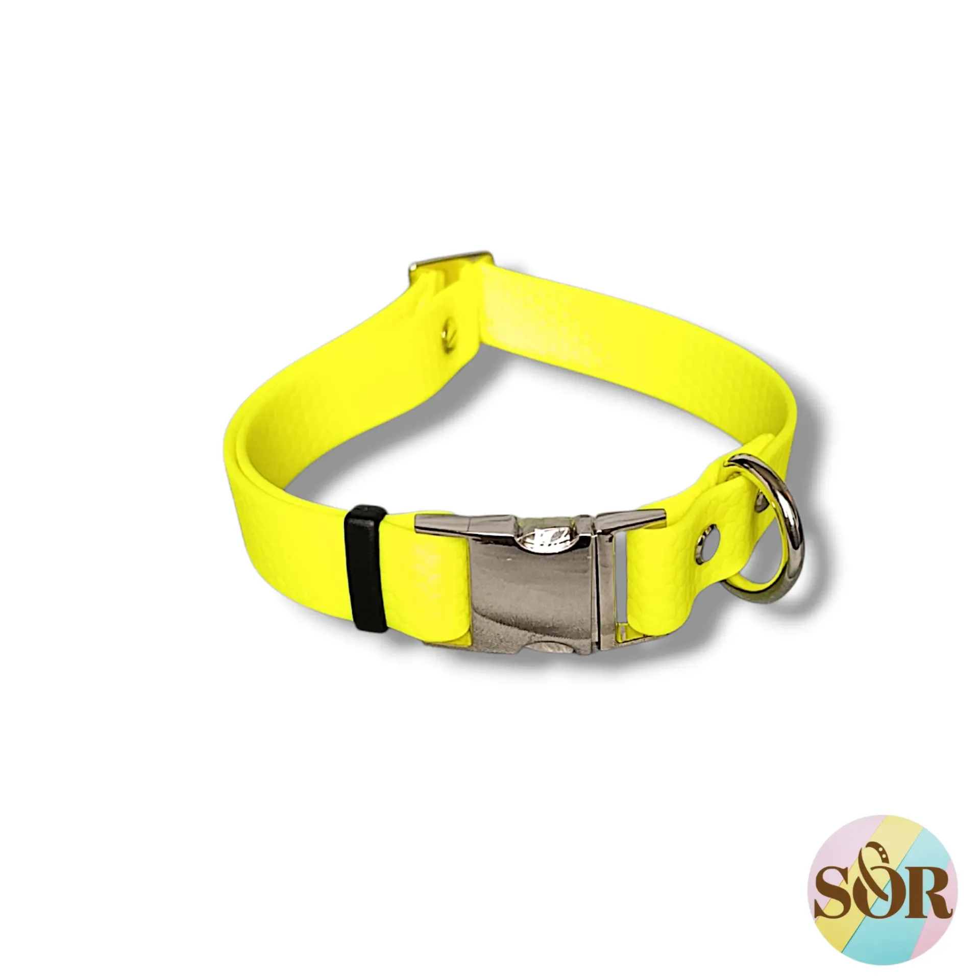 Collier réglable en Hexa jaune néon - Pour chien réactif et/ou qui tire - Largeur 25mm - Tour de cou de 35 à 55cm