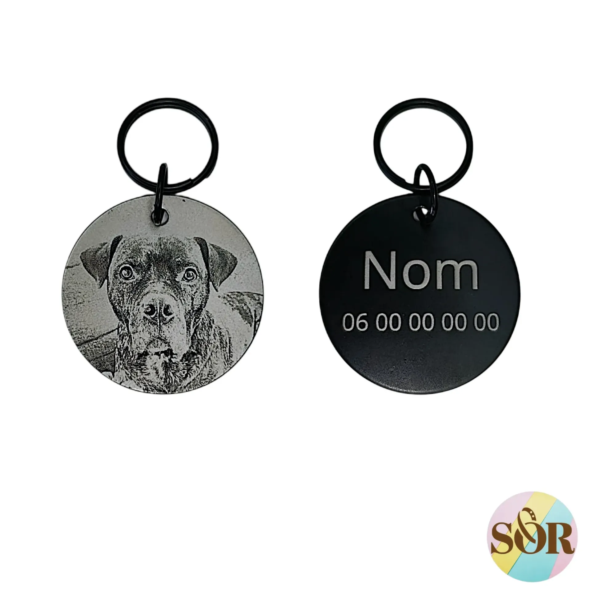 Médaille d'identification personnalisable en acier noir AVEC photo